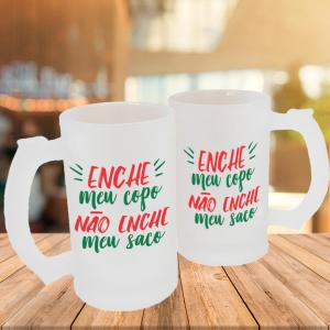 Caneca de Vidro Jateado Personalizada Frases Divertidas Enche Meu Copo Caneca de Vidro Jateado 475ml Área de Impressão = 20 x 9,5cm    