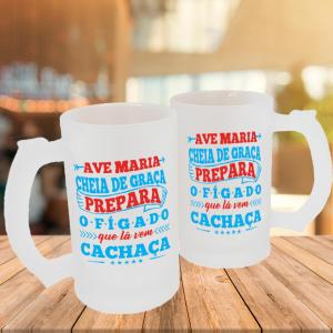 Caneca de Vidro Jateado Personalizada Frases Divertidas Lá Vem Cachaça Caneca de Vidro Jateado 475ml Área de Impressão = 20 x 9,5cm    