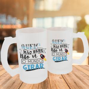 Caneca de Vidro Jateado Personalizada Frases Divertidas Mundo Girar Caneca de Vidro Jateado 475ml Área de Impressão = 20 x 9,5cm    
