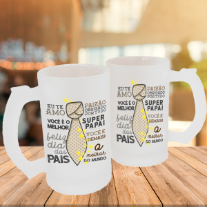 Caneca de Vidro Jateado Personalizada Super Papai Caneca de Vidro Jateado 475ml Área de Impressão = 20 x 9,5cm    