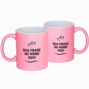 Caneca Glitter Rosa Personalizada com Nome, Frase ou Logo Caneca de Cerâmica Glitter 325ml Área de Impressão = 20 x 9,5cm Somente impressão na cor preta   Após concluir o pagamento, clique em preencher formulário para anexar seu arquivo ou escrever seu texto