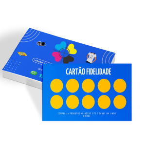 Cartão Fidelidade Couchê 300g Verniz Total Frente 9x5cm 4x4 Couchê 300g Tamanho final: 8,8x4,8cm 4x4 - Frente e verso colorido Verniz Total Frente Corte Reto Após concluir o pagamento, clique em preencher formulário para anexar seu arquivo ou escrever seu texto