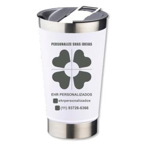Copo Térmico Branco 500ml com Abridor Inox Área de Impressão = 10 x 6cm Frente laser   Após concluir o pagamento, clique em preencher formulário para anexar seu arquivo ou escrever seu texto