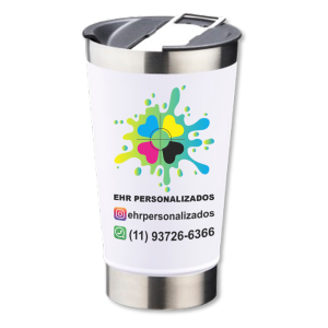 Copo Térmico Branco 500ml com Abridor Inox Área de Impressão = 10 x 6cm Frente colorido  Texturizado Após concluir o pagamento, clique em preencher formulário para anexar seu arquivo ou escrever seu texto