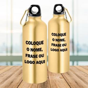 Squeeze de Alumínio Dourado Personalizado Com Nome, Frase ou Logo Alumínio Área de Impressão = 18(L) x 9(A)cm    Após concluir o pagamento, clique em preencher formulário para anexar seu arquivo ou escrever seu texto