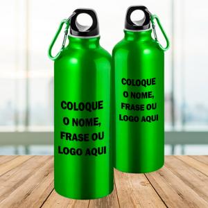 Squeeze de Alumínio Verde Personalizado Com Nome, Frase ou Logo Alumínio Área de Impressão = 18(L) x 9(A)cm    Após concluir o pagamento, clique em preencher formulário para anexar seu arquivo ou escrever seu texto